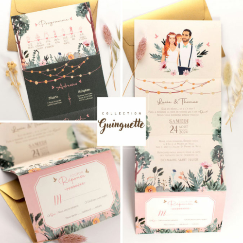 faire-part-mariage-boheme-guinguette-nature Vous recherchez un faire-part de mariage bohème chic et pastel, voici un modèle original parfait et personnalisé thème boho jardin guinguette vintage avec vos portraits en dessin d’après vos photos. Vieux rose, vert foncé et mint