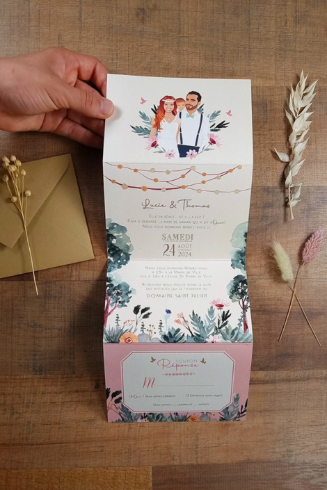 Faire-part de mariage bohème guinguette chic original – thème boho jardin vintage pastel - Invitation avec portrait de couple - dessin d’après vos photos. Vieux rose, vert foncé et mint