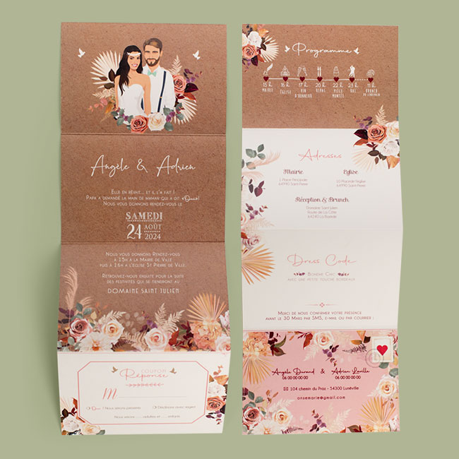 Faire-part de mariage champêtre nature kraft avec fleurs pampa sur fond kraft original - Invitation avec portrait de couple - dessin d’après vos photos. Vieux rose, vert foncé boho