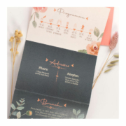 Faire-part de mariage bohème chic original couleur rose poudré, pêche abricot, orange corail, vert foncé et vert mint. Invitation originale rétro garden party