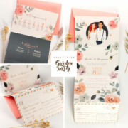 Faire-part de mariage bohème chic original couleur rose poudré, pêche abricot, orange corail, vert foncé et vert mint. Invitation originale rétro garden party