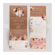 Faire-part de mariage champêtre nature kraft avec fleurs séchées pampa sur fond kraft original - Invitation avec portrait de couple - dessin d’après vos photos. Vieux rose, vert foncé boho