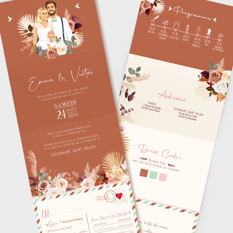faire-part-mariage-boheme-pampa-terracotta-accordeon Faire-part de mariage bohème chic original – boho kraft terracotta et pampa - format en hauteur plié Illustration couple en dessin d’après vos photos avec fleurs de pampa et aquarelle de fleurs séchées vieux rose couleurs vintage rose et pêche corail pastel, beige bordeaux sur fond kraft terracotta vintage et rustique. Style bohème chic, campagne chic, jardin automne. Invitation de mariage avec programme journée en pictogramme dessins en ligne - Coupons réponse RSVP - Création Pamela Gonzalez pour le Studio postscriptum Faire-part de mariage Luxembourg, Suisse, Belgique, Québec et France