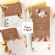 Faire-part de mariage champêtre nature kraft avec fleurs séchées pampa sur fond kraft original - Invitation avec portrait de couple - dessin d’après vos photos. Vieux rose, vert foncé boho