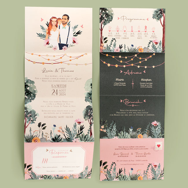 Faire-part de mariage bohème guinguette chic original – thème boho jardin vintage pastel - Invitation avec portrait de couple - dessin d’après vos photos. Vieux rose, vert foncé et mint