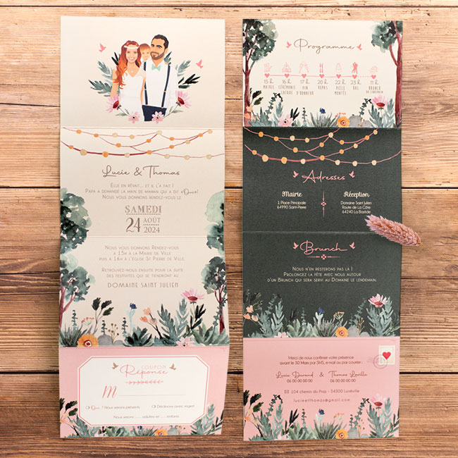 Faire-part de mariage bohème guinguette chic original – thème boho jardin vintage pastel - Invitation avec portrait de couple - dessin d’après vos photos. Vieux rose, vert foncé et mint