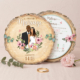 Faire-part de mariage romantique chic avec fleurs roses et rondin de bois. Illustration personnalisée