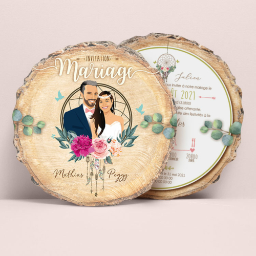 faire-part-mariage-bois-boheme-attrape-reves Vous recherchez un style bohème en forme de rondin de bois avec un attrape-rêves, voici un modèle original personnalisé parfait avec vos portraits dessinés.