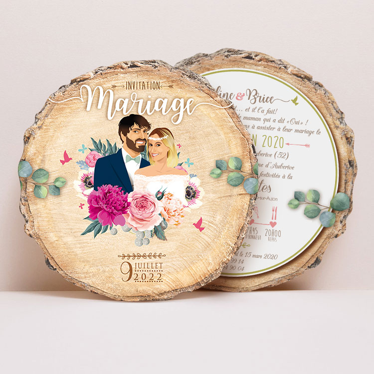 Faire-part de mariage original effet rondin de bois et fleurs fuchsia, illustration d’après photos