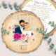 Faire-part de mariage original effet rondin de bois et fleurs fuchsia, illustration d’après photos