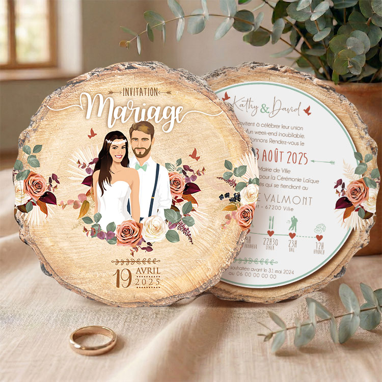 Faire-part de mariage bohème original sous forme de rondelle de bois - terracotta sauge et fleurs de pampa
