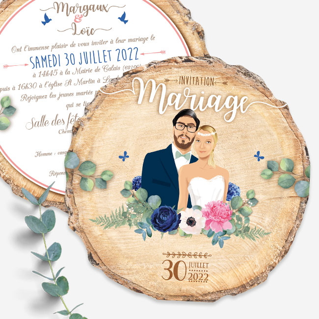 Faire-part de mariage original effet rondin de bois avec fleurs bleu marine, pivoines roses d’après photos