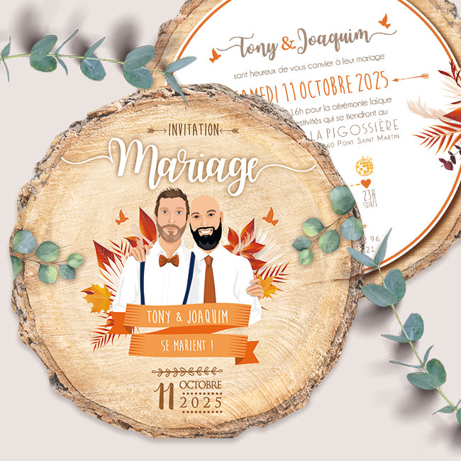 Faire-part de mariage original effet bois thème automne avec illustration personnalisée lgbt