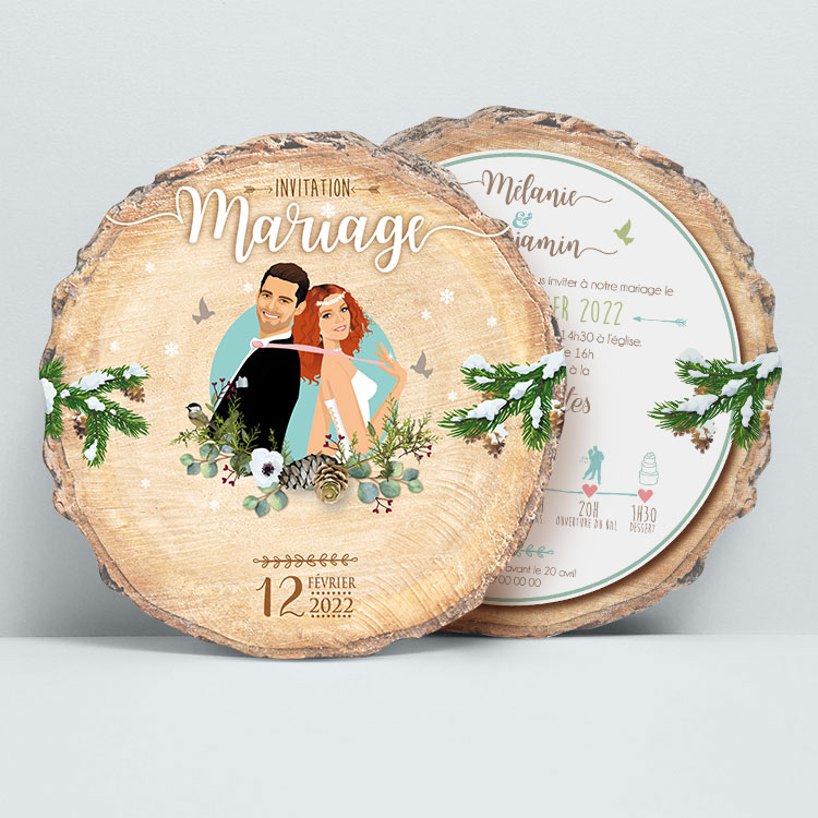 Faire-part mariage rondin bois hiver, illustration couple humoristique neige et sapins