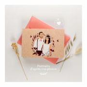 Faire-part de mariage champêtre nature kraft rustique avec doodle guinguette campagne sur fond kraft original - Invitation avec portrait - dessin d’après vos photos. Liège ou carton Vieux rose