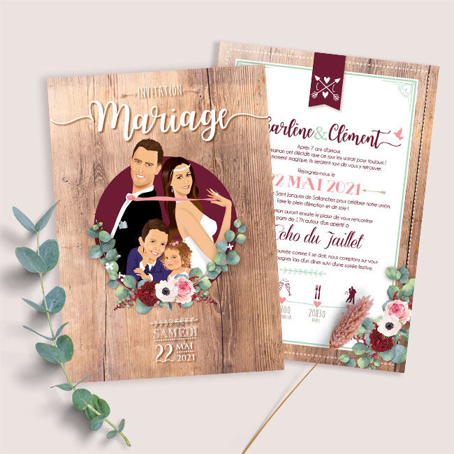 faire-part-mariage-champetre-bois-bordeaux-enfant-famille Faire-part de mariage champêtre imitation bois original bordeaux et vert eucalyptus ou sauge – style vintage bohème. Illustration couple et enfants en dessin d’après vos photos