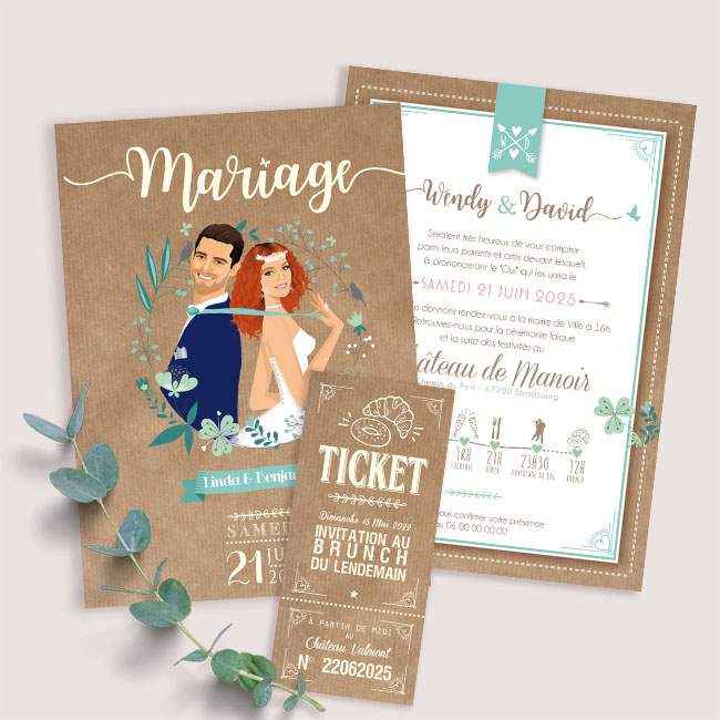 faire-part-mariage-champetre-chic-bleu-mint-kraft Faire-part de mariage champêtre original. Fond kraft vintage rustique, style nature campagne chic avec couple en dessin d’après vos photos. Couleur bleu pastel et bleu vert mint.