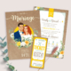 Faire-part de mariage champêtre original – kraft et couleur jaune pastel et vert sauge avec des branches d’eucalyptus. Style champêtre chic, campagne rustique.