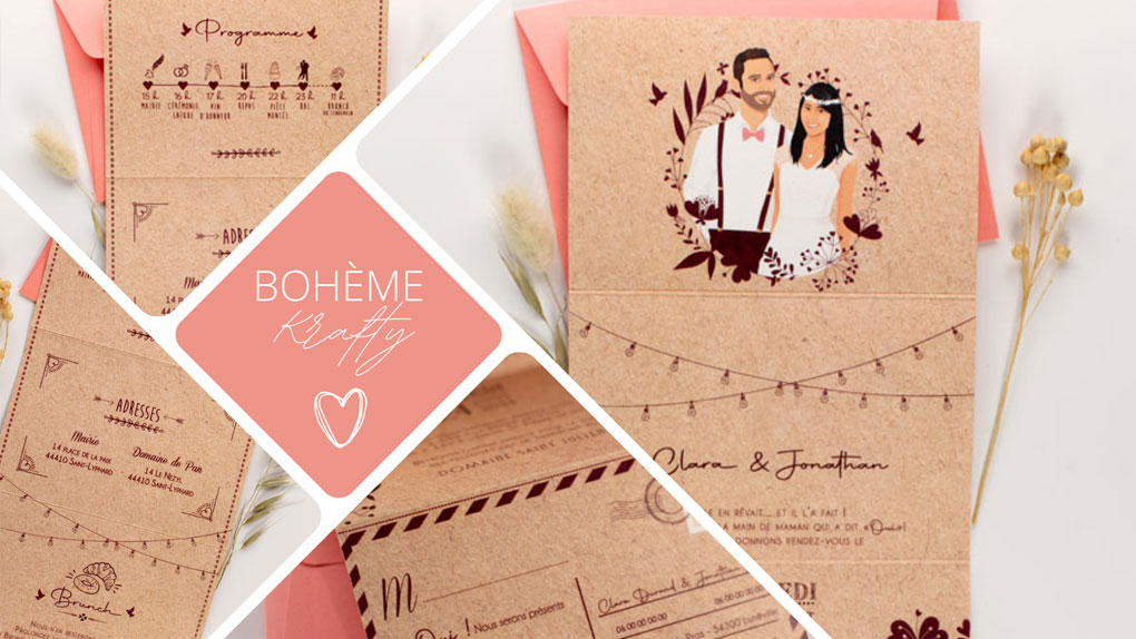 Faire-part de mariage champêtre original – thème campagne guinguette vintage kraft et dessins doodle - Invitation de mariage avec portrait de couple - dessin d’après vos photos. kraft marron avec coupon réponse