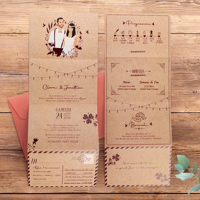 Faire-part de mariage champêtre original – thème campagne guinguette vintage kraft et dessins doodle - Invitation de mariage avec portrait de couple - dessin d’après vos photos. kraft marron avec coupon réponse