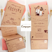 Faire-part de mariage champêtre nature kraft rustique avec doodle guinguette campagne sur fond kraft original - Invitation avec portrait - dessin d’après vos photos. Liège ou carton Vieux rose