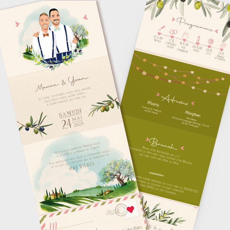 faire-part-mariage-champetre-vignes-oliviers-provence-depliable Faire-part de mariage thème oliviers - Provence Portugal chic original – Provençal ou portugais - format en hauteur plié Illustration couple en dessin d’après vos photos avec arbres oliviers et aquarelle d’olives - rose poudré vintage rose et vert olive rustique. Style bohème chic, campagne chic, campagne provençale ou campagne portugaise. Invitation de mariage avec programme journée en pictogramme dessins en ligne - Coupons réponse RSVP - Création Pamela Gonzalez pour le Studio postscriptum Faire-part de mariage Luxembourg, Suisse, Belgique, Québec et France - invitation mariage LGBT