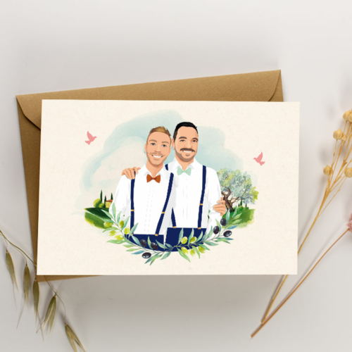 faire-part-mariage-champetre-vignes-oliviers-provence-mariage-lgbt Vous recherchez un faire-part de mariage bohème chic thème avec aquarelle d'oliviers ou vignes, Provence ou Portugal. Voici un modèle original parfait et personnalisé avec vos portraits en dessin. Invitation pour un mariage LGBT