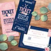 Coupons repas pour invitation de mariage chic et élégant - thème romantique bohème, rose poudré et bleu nuit. Style amour minimaliste chic - coupons réponse RSVP et ticket repas et ticket brunch