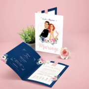 Faire-part de mariage élégant et chic thème romantique bohème, rose poudré et bleu nuit. Style amour minimaliste chic avec ligne de programme du mariage avec des pictogrammes Portraits dessin d’après vos photos, caricature ou avatar - Invitation pour mariage original