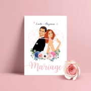 Faire-part de mariage élégant et chic thème romantique bohème, rose poudré et bleu nuit. Style amour minimaliste chic avec ligne de programme du mariage avec des pictogrammes Portraits dessin d’après vos photos, caricature ou avatar - Invitation pour mariage original