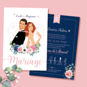 Faire-part de mariage élégant et chic thème romantique bohème, rose poudré et bleu nuit. Style amour minimaliste chic avec ligne de programme du mariage avec des pictogrammes Portraits dessin d’après vos photos, caricature ou avatar - Invitation pour mariage original