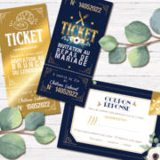 Coupons repas pour invitation de mariage chic et élégant - thème romantique bohème or chic, bleu nuit et écriture dorée Style amour minimaliste chic - coupons réponse RSVP et ticket repas et ticket brunch