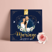 Faire-part de mariage chic et élégant - thème romantique bohème or chic, bleu nuit et écriture dorée Style amour minimaliste chic avec ligne de programme du mariage avec des pictogrammes Portraits dessin d’après vos photos, caricature ou avatar - Invitation pour mariage original