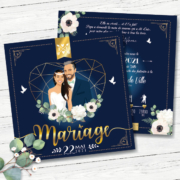 Faire-part de mariage chic et élégant - thème romantique bohème or chic, bleu nuit et écriture dorée Style amour minimaliste chic avec ligne de programme du mariage avec des pictogrammes Portraits dessin d’après vos photos, caricature ou avatar - Invitation pour mariage original