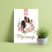 Faire-part de mariage chic et élégant - thème romantique bohème fleurs vintage - couleurs poudrées Style amour minimaliste chic avec ligne de programme du mariage avec des pictogrammes Portraits dessin d’après vos photos, caricature ou avatar - Invitation pour mariage original