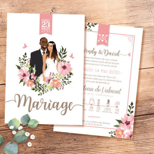 faire-part-mariage-chic-fleurs-vintage-simple Faire-part de mariage chic et élégant - thème romantique bohème fleurs vintage - couleurs poudrées Vous recherchez un faire-part de mariage bohème chic et pastel, voici un modèle original personnalisé avec vos portraits en dessin.