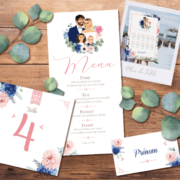 Décoration pour invitation de mariage chic et élégant - thème bohème - famille, annonce du mariage par les enfants, fond marbre rose poudré pastel et bleu Style amour minimaliste chic - plan de table, menu, noms de table, marque-place, nominette, numéro de table