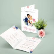 Faire-part de mariage chic et élégant - thème bohème - famille, annonce du mariage par les enfants, fond marbre, rose poudré pastel et bleu Style amour minimaliste chic avec ligne de programme du mariage avec des pictogrammes Portraits dessin d’après vos photos, caricature ou avatar - Invitation pour mariage original