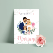 Faire-part de mariage chic et élégant - thème bohème - famille, annonce du mariage par les enfants, fond marbre, rose poudré pastel et bleu Style amour minimaliste chic avec ligne de programme du mariage avec des pictogrammes Portraits dessin d’après vos photos, caricature ou avatar - Invitation pour mariage original