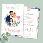 Faire-part de mariage chic et élégant - thème bohème - famille, annonce du mariage par les enfants, fond marbre, rose poudré pastel et bleu Style amour minimaliste chic avec ligne de programme du mariage avec des pictogrammes Portraits dessin d’après vos photos, caricature ou avatar - Invitation pour mariage original