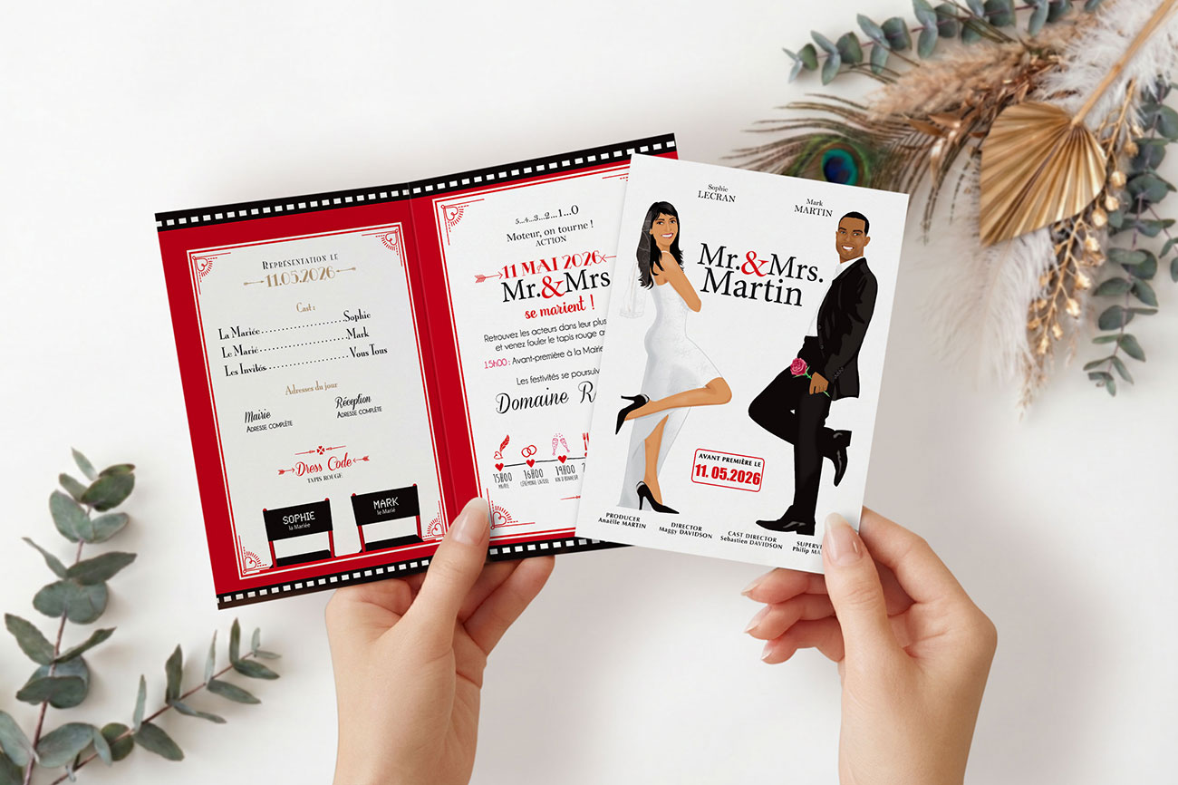 mariage cinéma faire-part original affiche film Mr &Mrs Smith hollywood. Faire-part, invitation, carton repas, save the date, menu, plan de table, coupon réponse avec walk of fame star mr & mrs smith . Portraits dessin caricature - chic vintage et romantique.