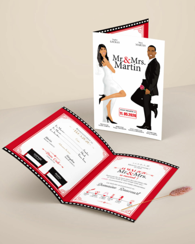 mariage cinéma faire-part original affiche film Mr &Mrs Smith hollywood. Faire-part, invitation, carton repas, save the date, menu, plan de table, coupon réponse avec walk of fame star mr & mrs smith . Portraits dessin caricature - chic vintage et romantique.