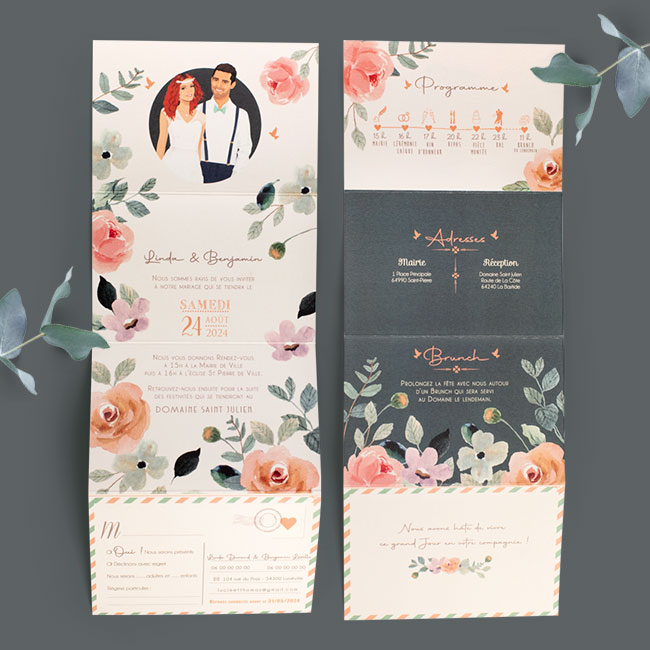 Faire-part de mariage bohème chic original couleur rose poudré, pêche abricot, orange corail, vert foncé et vert mint. Invitation originale vintage