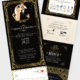Faire-part de mariage thème rétro Gatsby Peacky - années 20 chic noir et or doré tout en hauteur - dépliant accordéon. Style rétro chic avec portraits en dessin personnalisés d’après vos photos