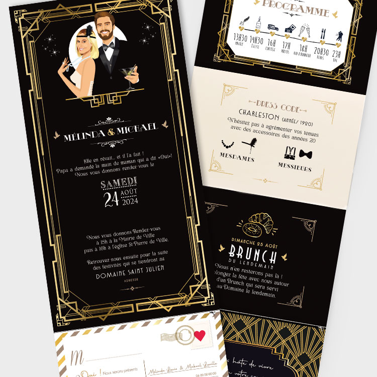 faire-part-mariage-gatsby-annees-folles-peacky-accordeon Faire-part de mariage thème rétro Gatsby Peacky - années 20 chic noir et or doré tout en hauteur - dépliant accordéon. Style rétro chic avec portraits en dessin personnalisés d’après vos photos