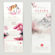 Faire-part Japon Bohème chic original avec vos portraits dessinés d’après vos photos. Thème Japon. Couleurs rose, rouge et blanc. Avec fleurs de cerisier sakura et mont fuji. Invitation personnalisable pour mariage, Baptême, anniversaire, bar mitzvah