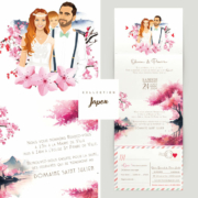 Faire-part Japon Bohème chic original avec vos portraits dessinés d’après vos photos. Thème Japon. Couleurs rose, rouge et blanc. Avec fleurs de cerisier et mont fuji. Invitation personnalisable pour mariage, Baptême, anniversaire, bar mitzvah