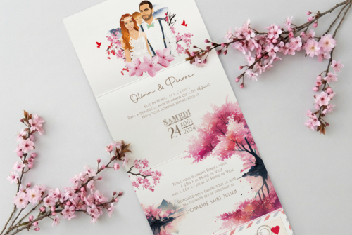 Faire-part Japon Bohème chic original avec vos portraits dessinés d’après vos photos. Thème Japon. Couleurs rose, rouge et blanc. Avec fleurs de cerisier sakura et mont fuji. Invitation personnalisable pour mariage, Baptême, anniversaire, bar mitzvah