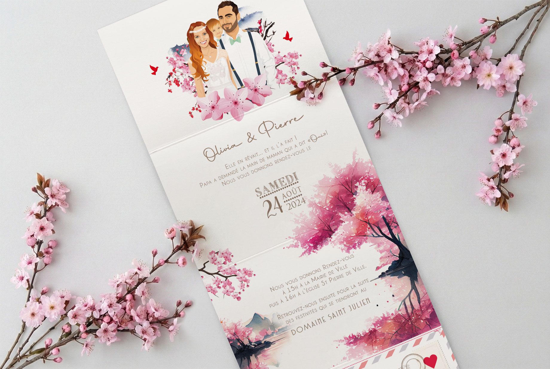 Faire-part Japon Bohème chic original avec vos portraits dessinés d’après vos photos. Thème Japon. Couleurs rose, rouge et blanc. Avec fleurs de cerisier sakura et mont fuji. Invitation personnalisable pour mariage, Baptême, anniversaire, bar mitzvah