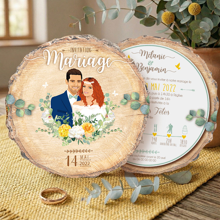 Faire-part mariage rondin de bois, fleurs printanières jaunes, roses blanches et eucalyptus